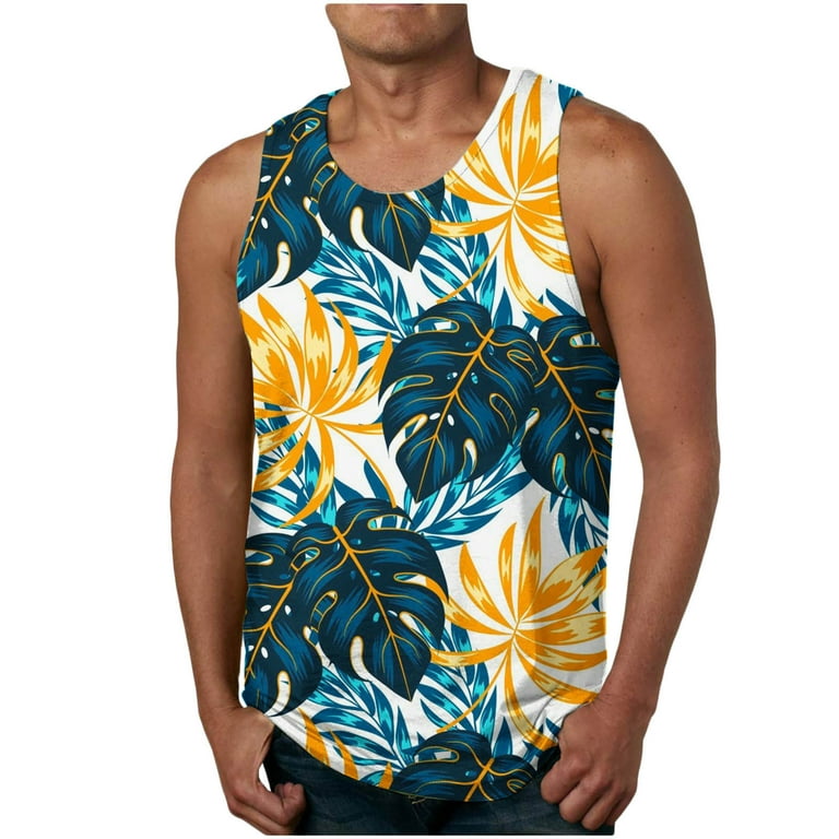 Men Hawaiian Tank Tops Casual Floral Print Sleeveless Tshirt Round Neck Gym  Tank Top Lightweight Tropical Beach Tops
