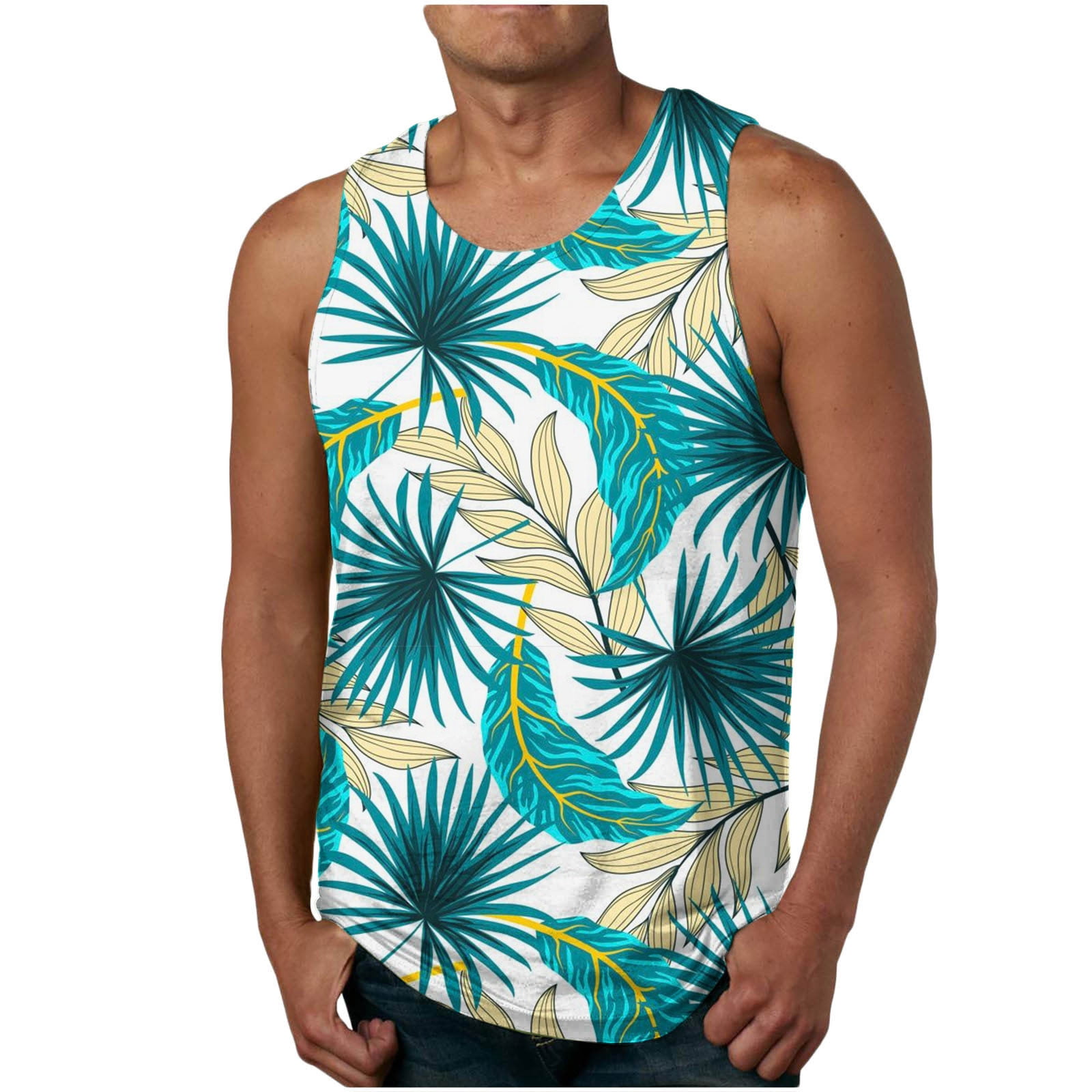 Men Hawaiian Tank Tops Casual Floral Print Sleeveless Tshirt Round Neck Gym  Tank Top Lightweight Tropical Beach Tops
