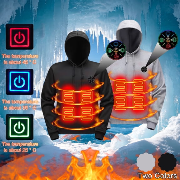 Men Heated Hoodie Tops Multiple Heating Zones Heated Sweatshirt USB Electric Outdoor Winter Puffer Pullovers