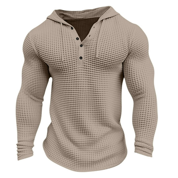 Men Henley Long Sleeve Hvyesh Mens Hoodies Casual Long Sleeve Drawstring Waffle Knit Hooded Sweatshirt Muscle Fit T Shirts Gym Workout Pullover Tops