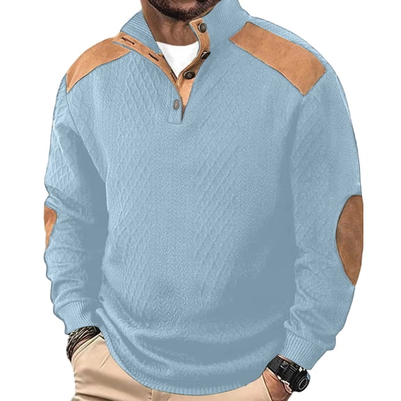 Men Henley Long Sleeve Shirts Jacquard Button Casual Basic Sweater Loose Fit Patchwork Sweatshirts Fashion Pullover Light Blue S