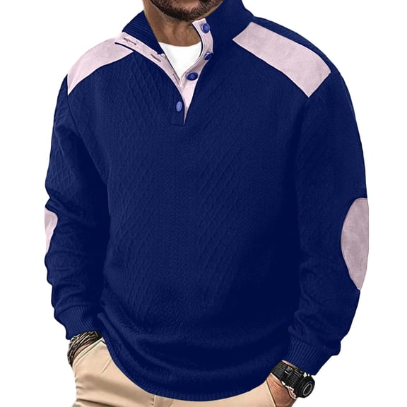 Men Henley Long Sleeve Shirts Jacquard Button Casual Basic Sweater Loose Fit Patchwork Sweatshirts Fashion Pullover Navy M