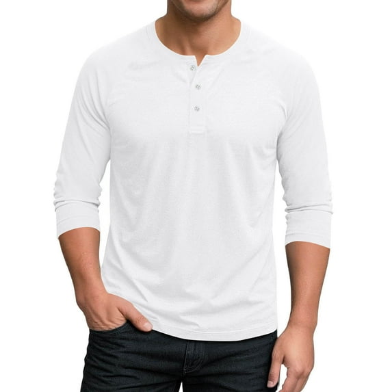 Men Henley Shirts,Solid Color 3/4 Sleeve Round Neck Button Polos Shirt Office Casual Business Blouses Outdoor Gym Workout Sport Pullover Tops Mens Fall Winter Classic Basic Tees