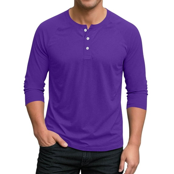Men Henley Shirts,Solid Color 3/4 Sleeve Round Neck Button Polos Shirt Office Casual Business Blouses Outdoor Gym Workout Sport Pullover Tops Mens Fall Winter Classic Basic Tees