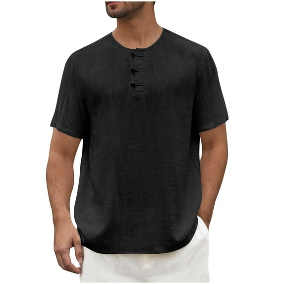 Men Henley Shirts Stretch Classic Summer Casual Button T-Shirt Black XL