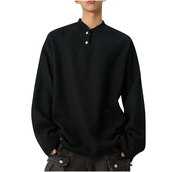 Men Henley Tops Plus Size Button Up Loose Fit Pullover Summer Lightweight Solid Color Long Sleeve T-Shirts