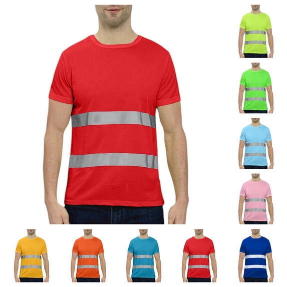 Men Hi Vis Reflective Quick Dry Safety Shirts Women High Visibility Breathable Mesh Short Sleeve Neon Work Shirt Red M