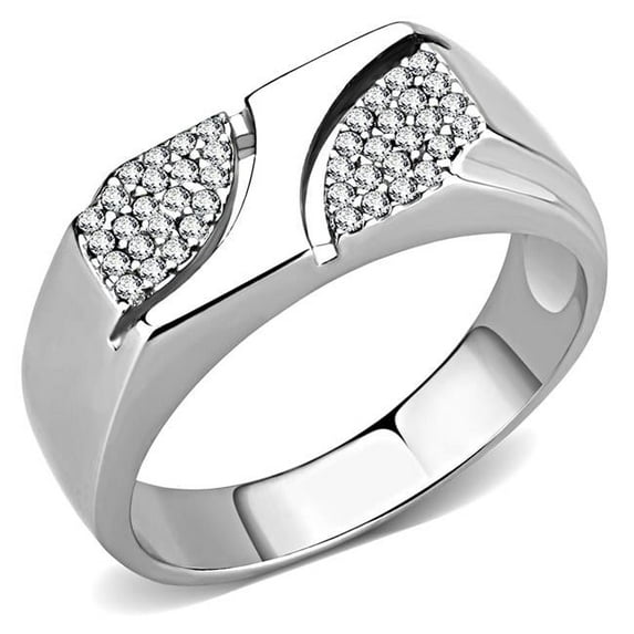 Men High Polished Stainless Steel Ring with AAA Grade CZ in Clear - Size 10