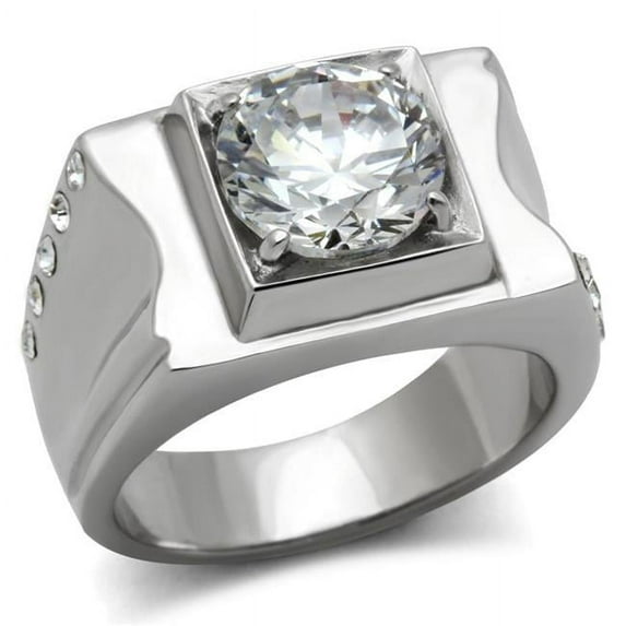 Men High Polished Stainless Steel Ring with AAA Grade CZ in Clear - Size 11