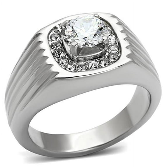 Men High Polished Stainless Steel Ring with AAA Grade CZ in Clear - Size 13