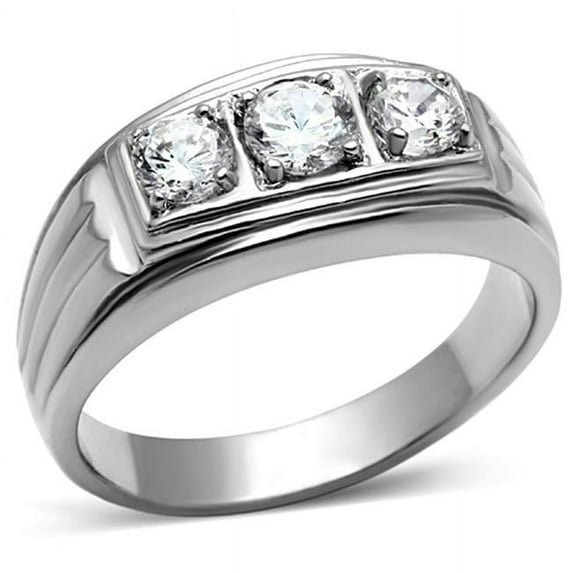 Men High Polished Stainless Steel Ring with AAA Grade CZ in Clear - Size 13