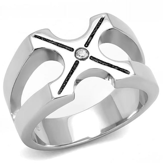 Men High Polished Stainless Steel Ring with AAA Grade CZ in Clear - Size 13