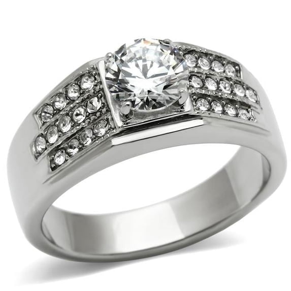 Men High Polished Stainless Steel Ring with AAA Grade CZ in Clear - Size 13