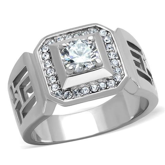 Men High Polished Stainless Steel Ring with AAA Grade CZ in Clear - Size 13