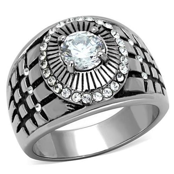 Men High Polished Stainless Steel Ring with AAA Grade CZ in Clear - Size 13