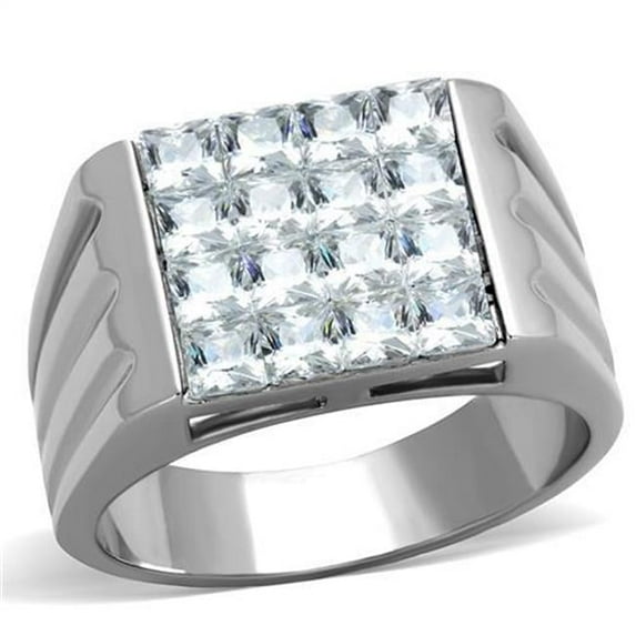 Men High Polished Stainless Steel Ring with AAA Grade CZ in Clear - Size 8
