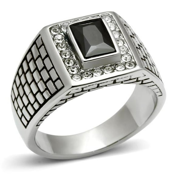 Men High Polished Stainless Steel Ring with AAA Grade CZ in Jet - Size 9