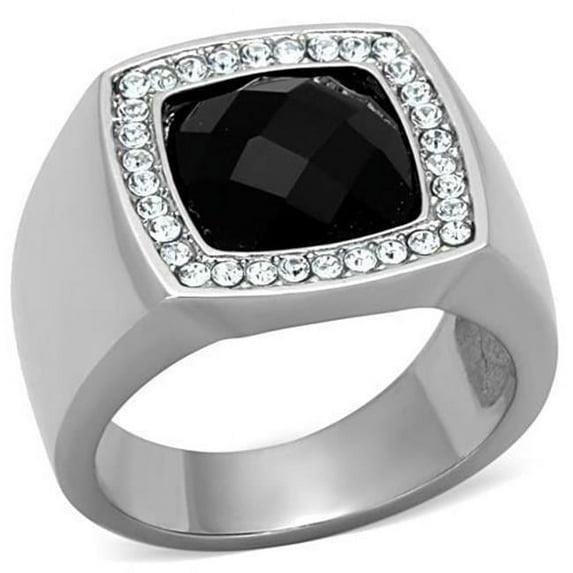 Men High Polished Stainless Steel Ring with Semi-Precious in Jet - Size 11