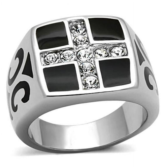 Men High Polished Stainless Steel Ring with Top Grade Crystal in Clear - Size 10