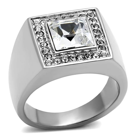 Men High Polished Stainless Steel Ring with Top Grade Crystal in Clear - Size 10