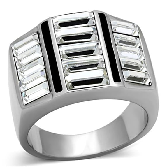 Men High Polished Stainless Steel Ring with Top Grade Crystal in Clear - Size 9