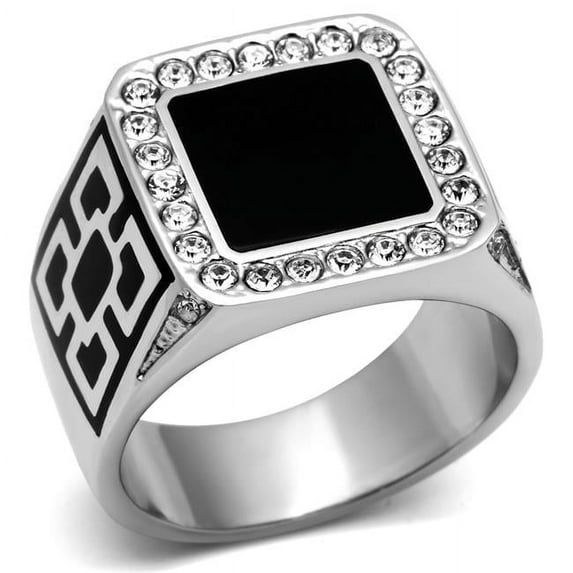 Men High Polished Stainless Steel Ring with Top Grade Crystal in Clear - Size 9