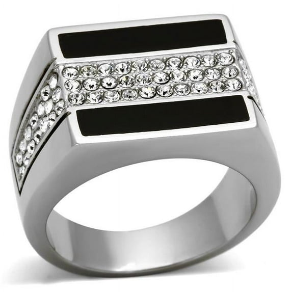 Men High Polished Stainless Steel Ring with Top Grade Crystal in Clear - Size 9