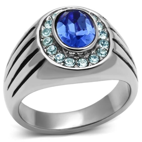 Men High Polished Stainless Steel Ring with Top Grade Crystal in Sapphire - Size 8