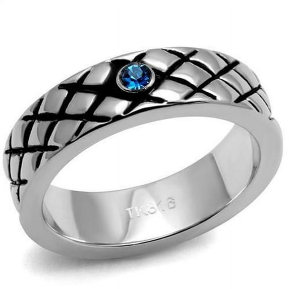Men High Polished Stainless Steel Ring with Top Grade Crystal in Sea Blue - Size 9
