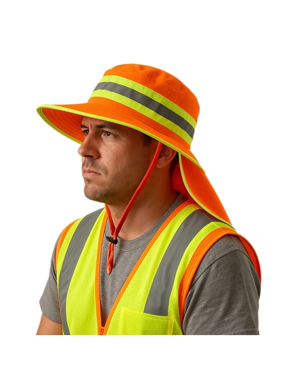 Men High Visibility Reflective Bucket Hat with Neck Flap Wide Brim Boonie Sun Hat Cap