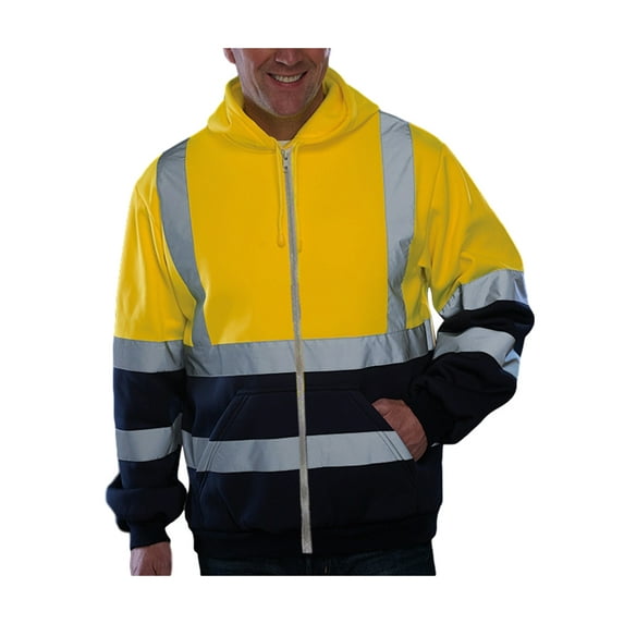 Men High Visibility Safety Reflective Zip Up Hoodies Long Sleeve Reflective Strip Hooded Sweatshirt Bomber Jacket Outerwear