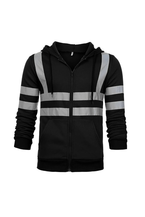 Men High Visibility Sweatshirt Long Sleeve Hi-Vis Safety Fleece Hooded Color Block Work Jackets with Pockets