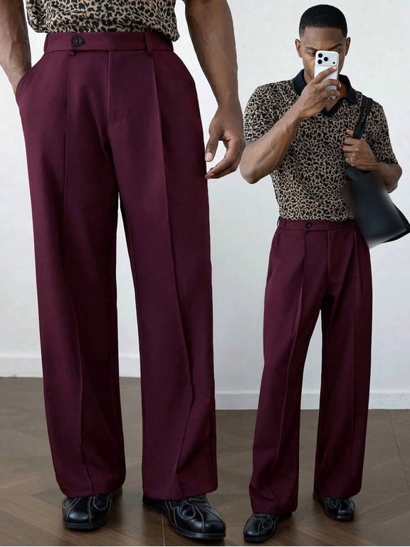 Men High Waist Wide Leg Trousers Front Pleat Loose Fit Tailored Office Workwear Dress Pants