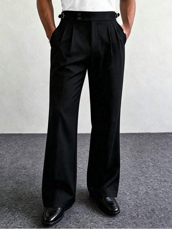 Men High Waist Wide Leg Trousers Front Pleat Side Adjuster Loose Fit Tailored Office Workwear