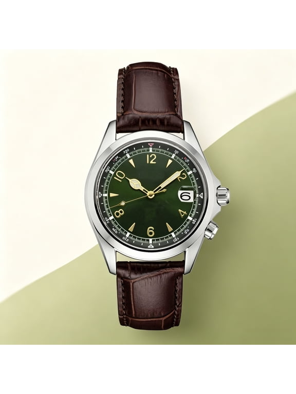Men's Hiker Outdoor Sports Analog Quartz Wrist Watch, Luminous Green Dial with Date Window, Genuine Brown Leather Strap for Hiking Camping Daily Wear