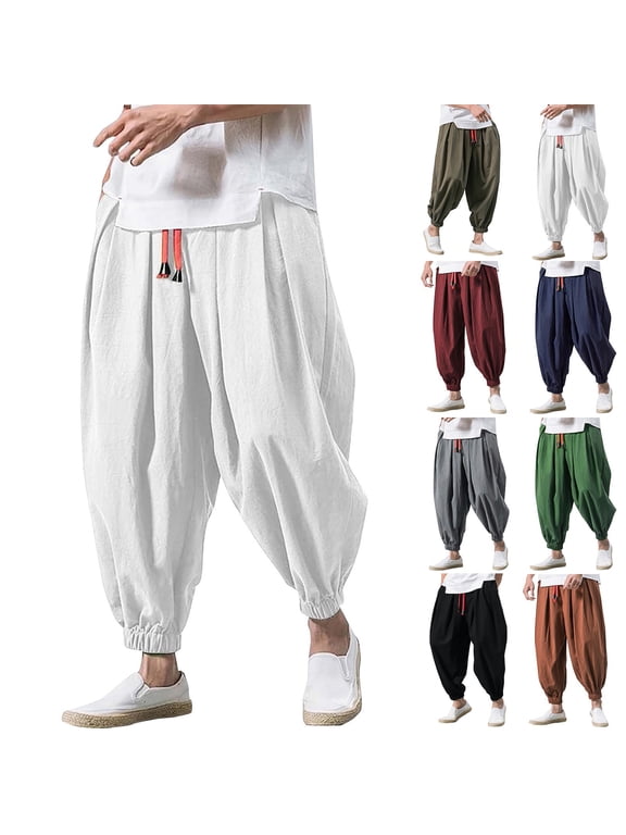 Men Hippie Harem Pants Baggy Linen Cotton Boho Yoga Pants Summer Beach Pants Casual Drop Crotch Trouser
