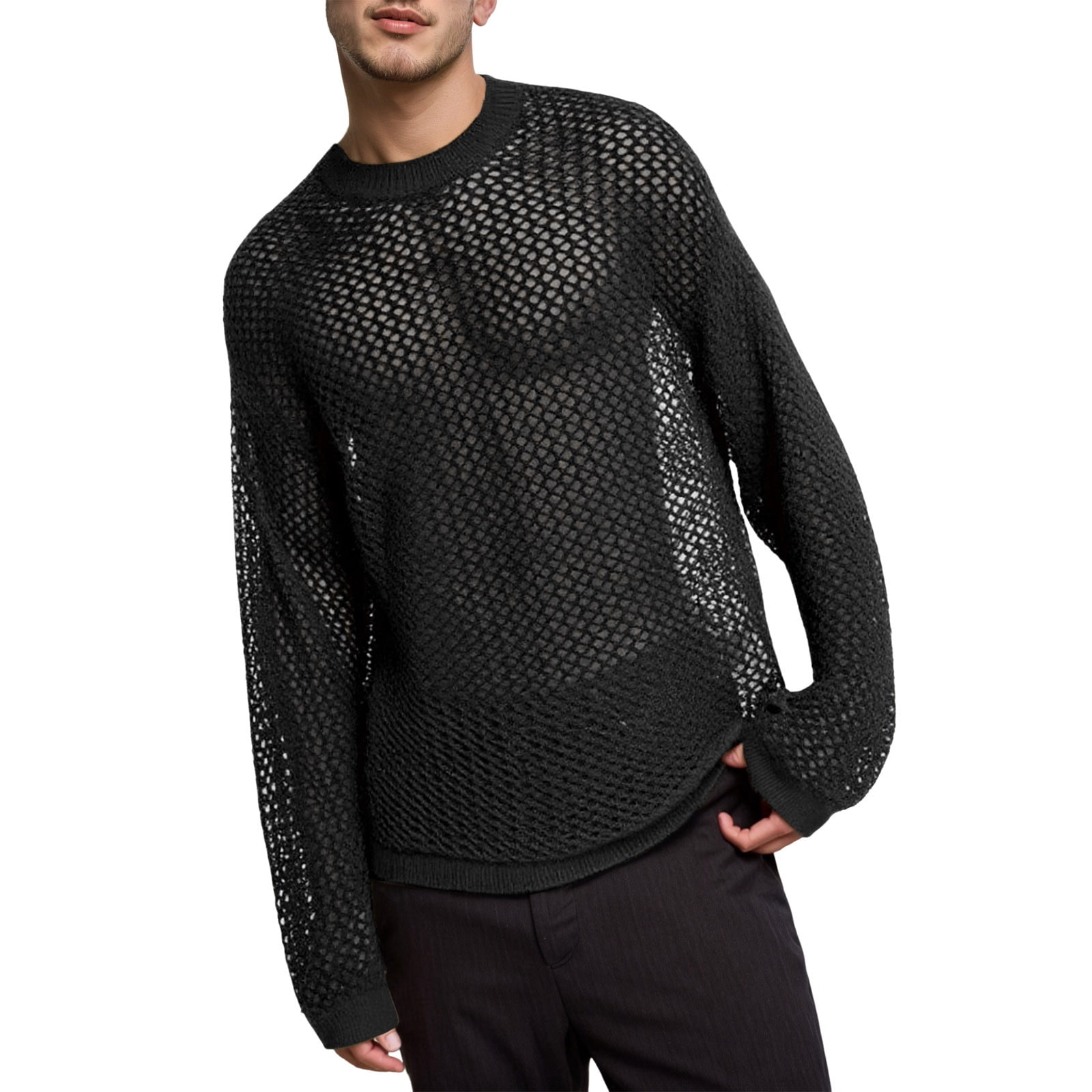Men Hollow Out Crochet Knit Tops,Summer See Through Crew Neck