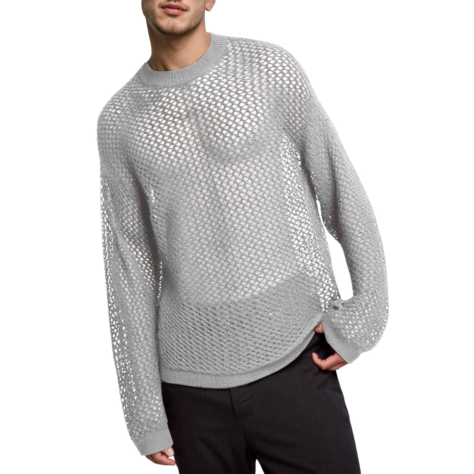 Men Hollow Out Crochet Knit Tops,Summer See Through Crew Neck