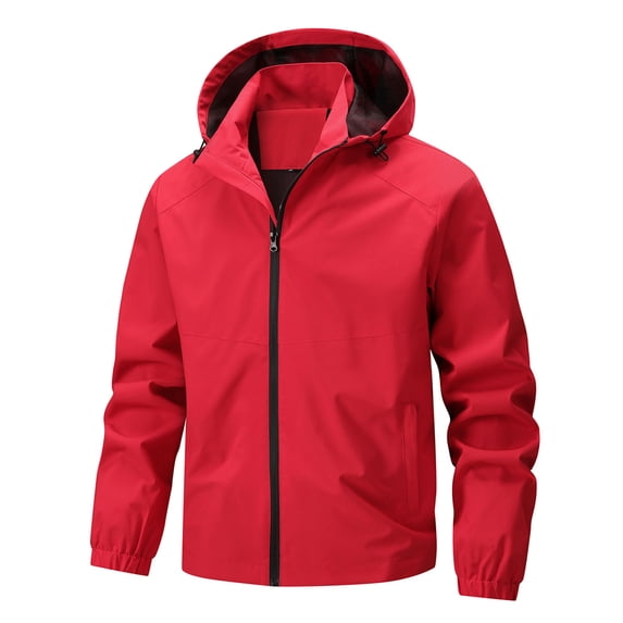 Men Hood Windproof Rain Jacket Full Zip Side Pockets Casual Windbreaker for Hiking Camping Daily Travel Outdoor Leisure Activities Red M