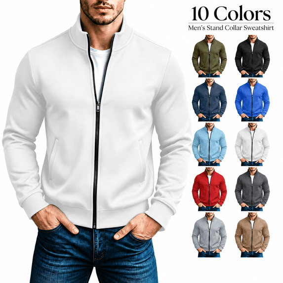 Men No Hood Zipper Sweatshirt Collared Full Zip Soft Home Comfy Casual Jacket Sweatshirt Fall Winter Outdoor Workout Zip up Fashion Outerwear with Side Pockets