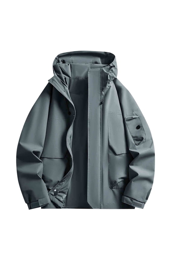 Men Hooded Jackets Waterproof Multi Pockets Stand Collar Drawstring Front Zipper Button Down Outdoor Windbreaker (3XL, Gray)