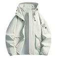 thumbnail image 1 of Men Hooded Jackets Waterproof Multi Pockets Stand Collar Drawstring Front Zipper Button Down Outdoor Windbreaker (3XL, White), 1 of 5