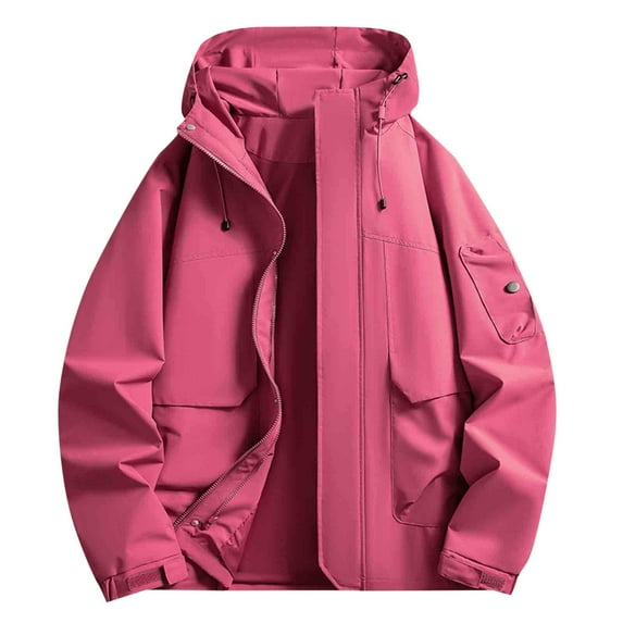 Men Hooded Jackets Waterproof Multi Pockets Stand Collar Drawstring Front Zipper Button Down Outdoor Windbreaker (4XL, Hot Pink)