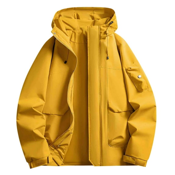 Men Hooded Jackets Waterproof Multi Pockets Stand Collar Drawstring Front Zipper Button Down Outdoor Windbreaker (L, Yellow)