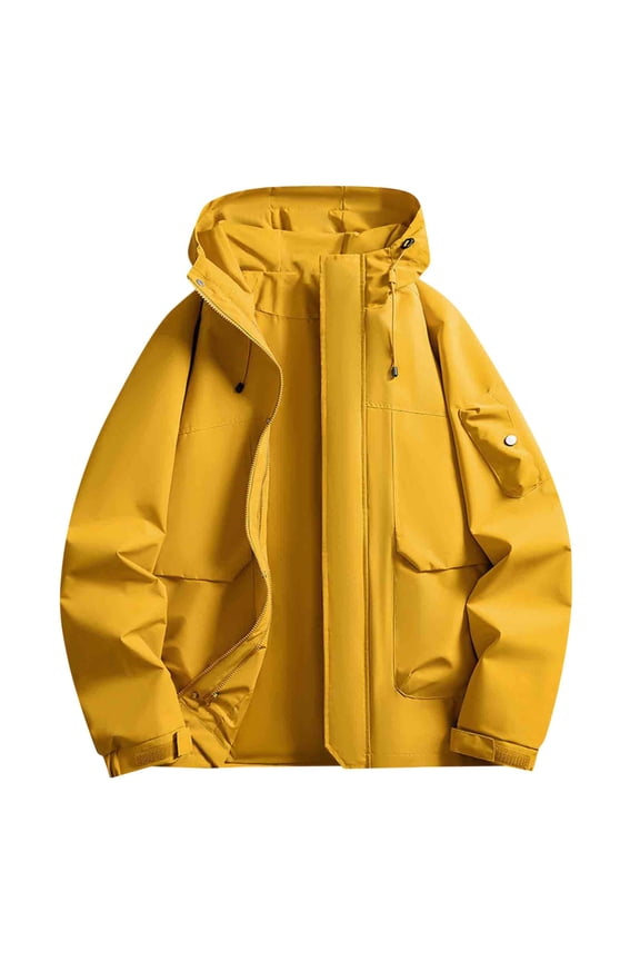 Men Hooded Jackets Waterproof Multi Pockets Stand Collar Drawstring Front Zipper Button Down Outdoor Windbreaker (S, Yellow)