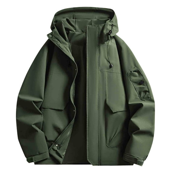 Men Hooded Jackets Waterproof Multi Pockets Stand Collar Drawstring Front Zipper Button Down Outdoor Windbreaker (XL, Green)