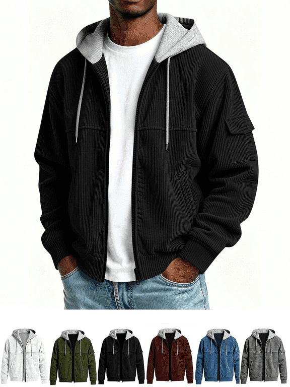 Men Hooded Jackets Zip Up Long Sleeve Casual Jacket Lightweight Winter Warm Athletic Outerwear