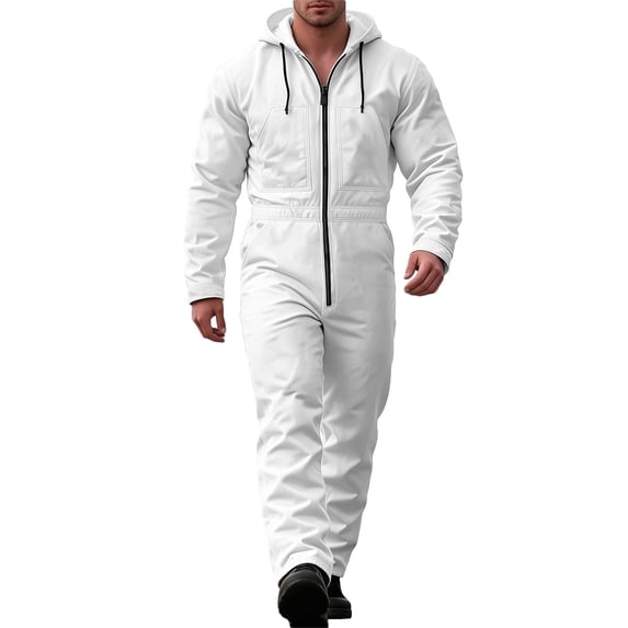 Men Hooded Long Sleeve Jumpsuit Full Zip Coverall with Multi Pockets for Workwear