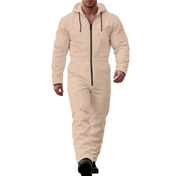 Men Hooded Long Sleeve Jumpsuit Full Zip Coverall with Multi Pockets for Workwear