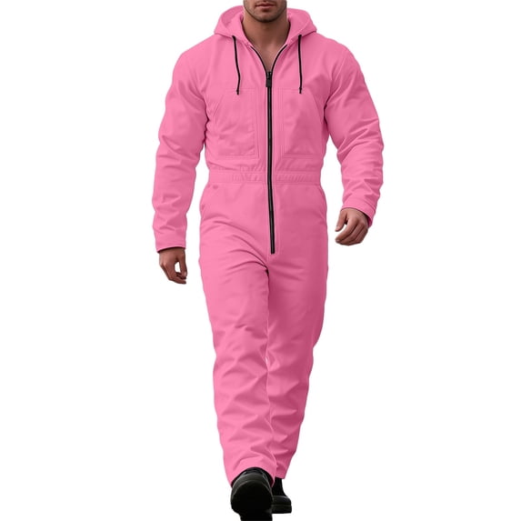 Men Hooded Long Sleeve Jumpsuit Full Zip Coverall with Multi Pockets for Workwear
